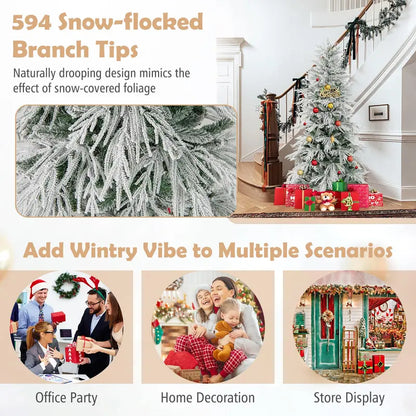 6- to 8-Foot Pre-Lit Snow-Flocked Artificial Christmas Tree Featuring PE and PVC Mixed-Tip Branches