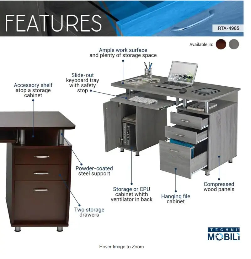 48″ Rectangular 3-Drawer Gray Computer Desk with Keyboard Tray
