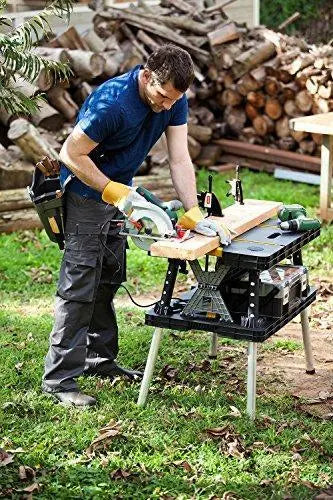 Keter Folding Miter Saw Stand  12-Inch Woodworking Workbench with Clamps, Black/Yellow