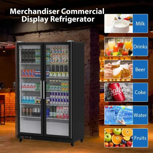 Glass-Front Upright Display Cooler  39 Cubic Feet, Dual-Swing Doors, LED Illumination