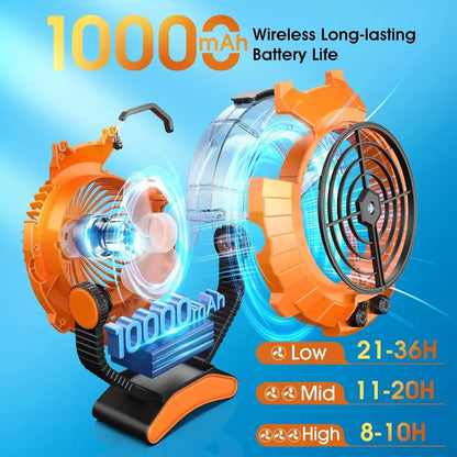 JYew Portable Misting Fan  Rechargeable 10,000mAh Battery-Powered Cooling Fan with Hook Mount & USB Charging for Outdoor Use