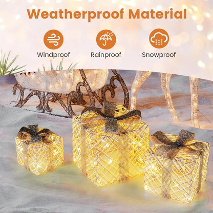 Set of Three Lighted Gift Box Ornaments ¡ª 90 LEDs Total, Festive Bow Accents for Indoor or Outdoor Use