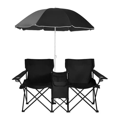 Compact Double Picnic Chair Set with Umbrella, Mini Table, Beverage Holders & Carry Bag
