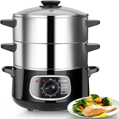 Dual-Layer Electric Glass Steamer Set  8.5L Total Capacity, Stackable Stainless Steel Baskets with Timer