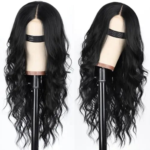 26″ Long Wavy Black Lace Front Wig for Women  Synthetic, Heat-Resistant, Daily/Party Use