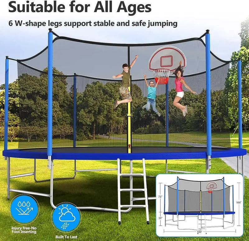 16-Foot Upgraded Trampoline with Enclosure Net and Adjustable Basketball Hoop