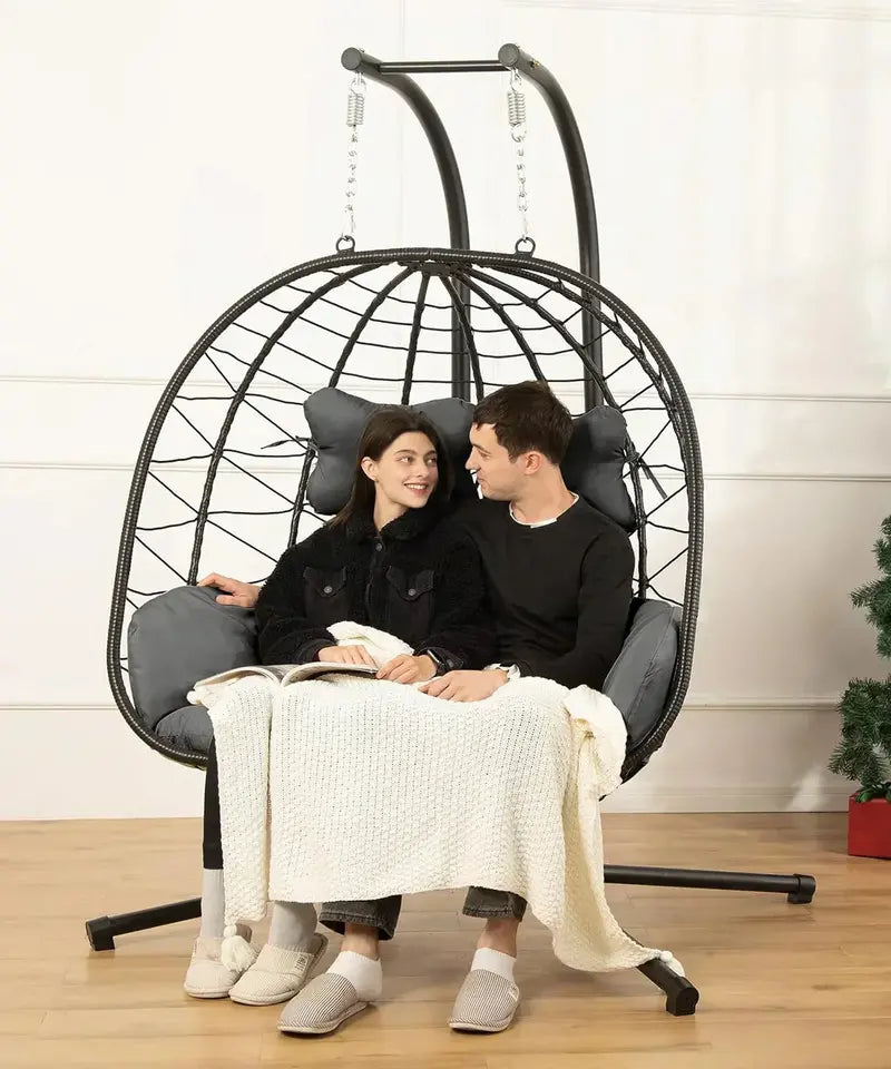 Double Egg Hammock Swing Chair  Foldable UV-Resistant Hanging Loveseat with Stand for Indoor or Outdoor Use
