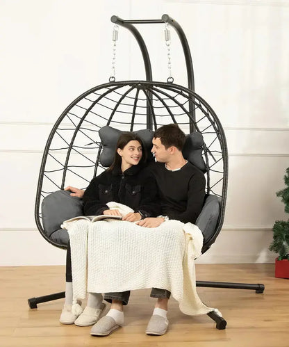 Double Egg Hammock Swing Chair  Foldable UV-Resistant Hanging Loveseat with Stand for Indoor or Outdoor Use