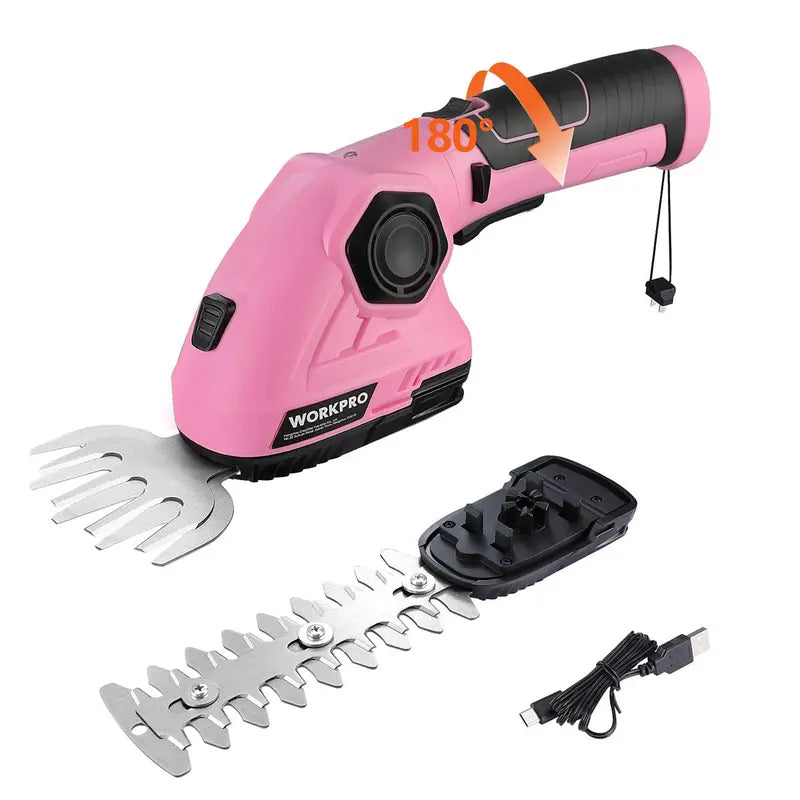 WORKPRO 7.2V Cordless 2-in-1 Hedge & Grass Trimmer  Handheld Electric Trim Tool with Pink Ribbon Design