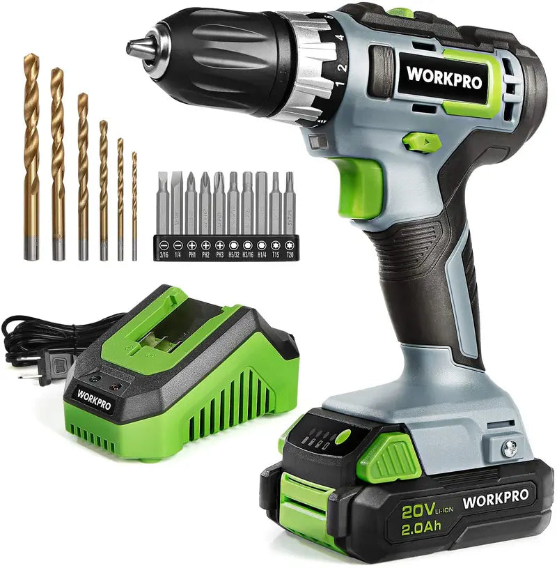 WORKPRO 20V Variable-Speed Drill Driver: 3/8″ Chuck, 18+2 Torque Settings, 2.0Ah Battery & Quick Charger
