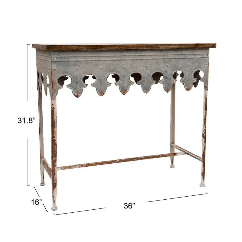 Zinc-Finished Scalloped Edge Sofa Table  Wood-and-Metal Accent Piece