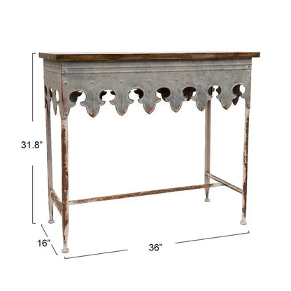 Zinc-Finished Scalloped Edge Sofa Table  Wood-and-Metal Accent Piece