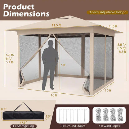 11.5′ x 11.5′ Pop-Up Gazebo Canopy Tent with Mesh Netting and One-Person Setup
