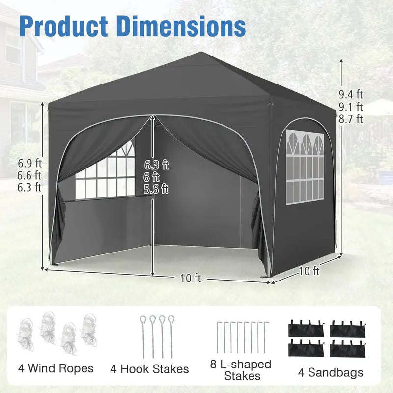 10′ x 10′ Pop-Up Canopy Tent with Four Zippered, Removable Sidewalls