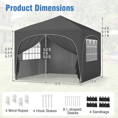 10′ x 10′ Pop-Up Canopy Tent with Four Zippered, Removable Sidewalls