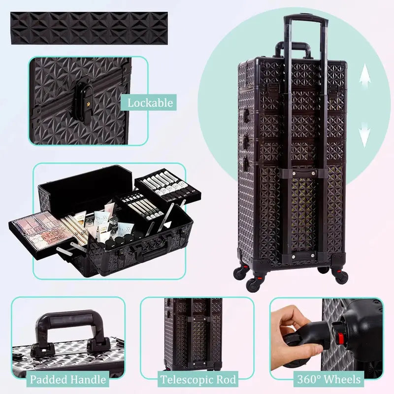 AROUS 5-in-1 Rotating Makeup Travel Case  360° Swivel Wheels & Premium Organization