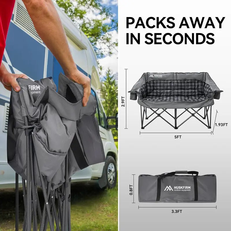 Double Camping Loveseat Chair  Heavy-Duty 2-Person Folding Sofa with Cup Holders & Carry Bag