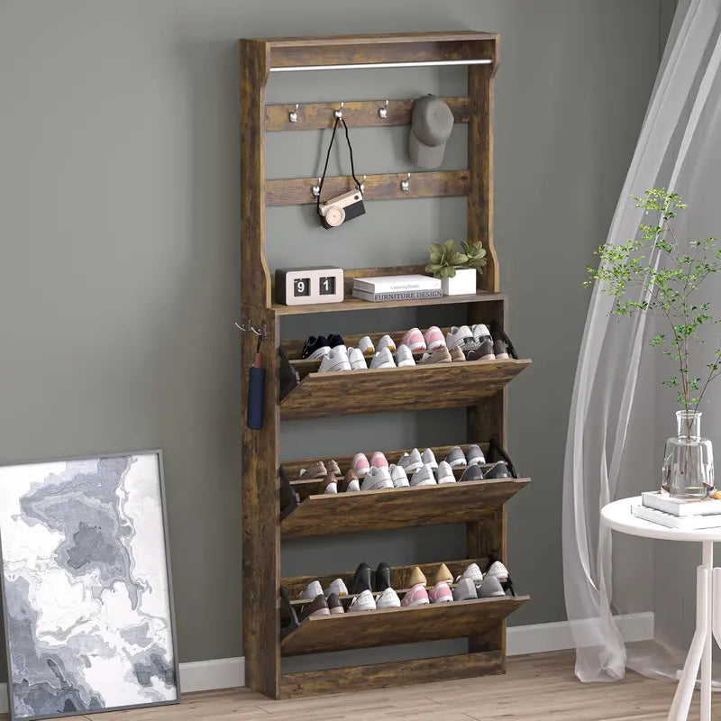 Discreet Freestanding Wood Shoe Cabinet with Three Concealed Flip Drawers