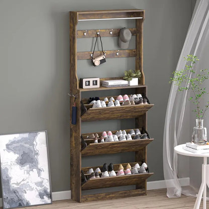 Discreet Freestanding Wood Shoe Cabinet with Three Concealed Flip Drawers