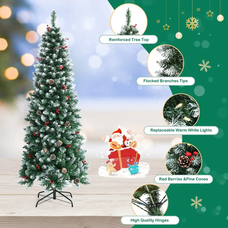 5-Foot Pre-Lit Slim Pencil Christmas Tree with Realistic Snow-Flocked Design