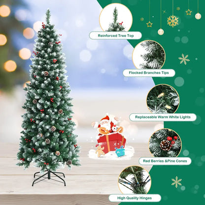 5-Foot Pre-Lit Slim Pencil Christmas Tree with Realistic Snow-Flocked Design