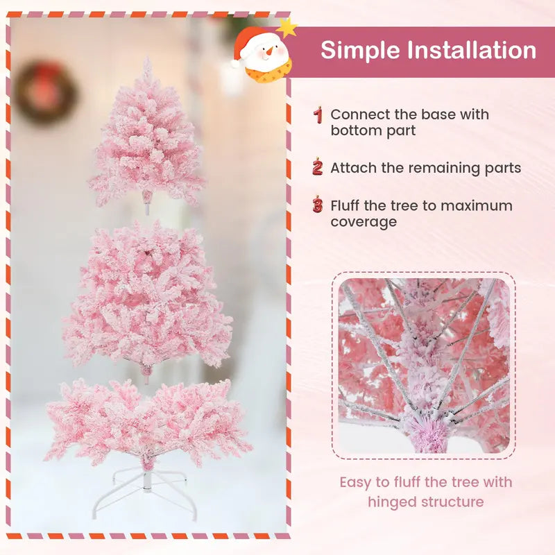 6-Foot Pink Snow-Flocked Christmas Tree  Pre-Lit Holiday Decoration for Home or Office