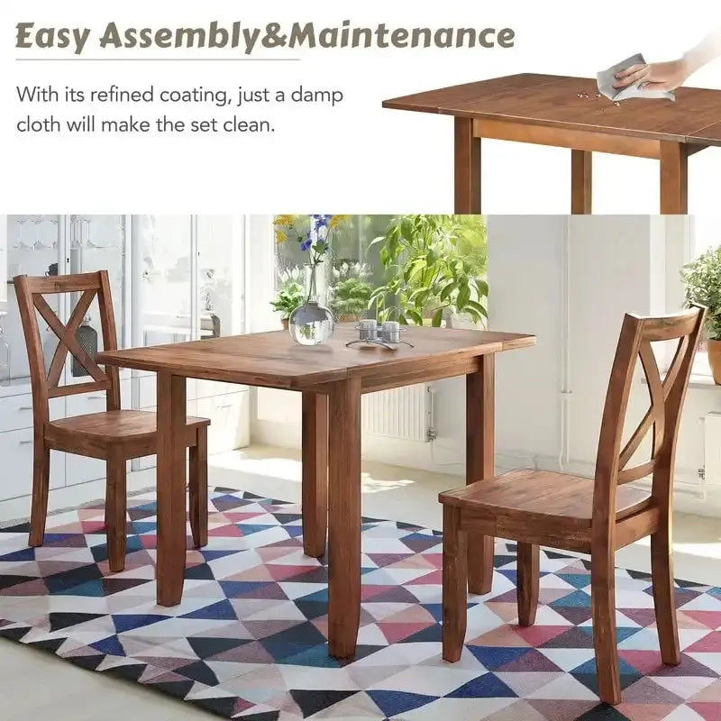 Compact Drop-Leaf Breakfast Nook Set  Three-Piece Wood Dining Solution for Tight Areas