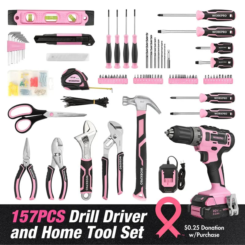 WORKPRO 157-Piece Household Tool Kit with 20V Cordless Drill Driver  Pink Ribbon Edition
