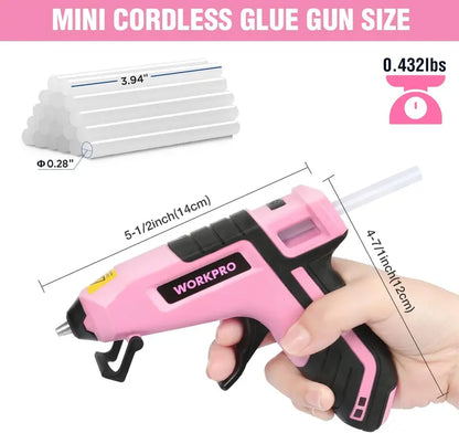 WORKPRO Enhanced 3.6V Cordless Hot Glue Gun — 20 Mini Glue Sticks, Pink Ribbon Edition