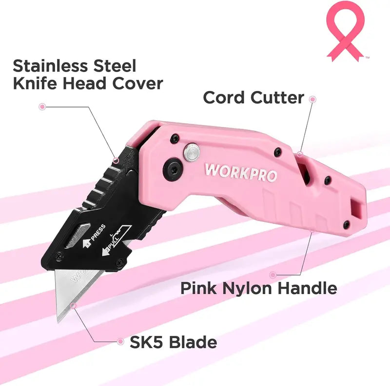 WORKPRO Folding Utility Knife — Includes 10 Replacement Blades, Pink Ribbon Design
