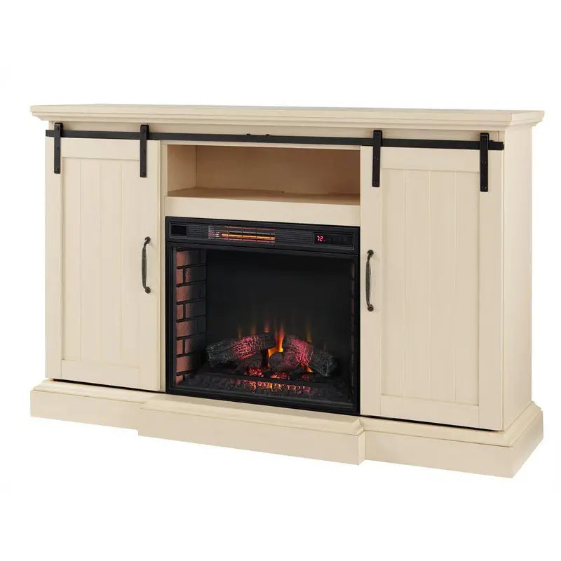 Home Decorators Collection Chastain 68 in. Freestanding Media Console Electric Fireplace TV Stand with Sliding Barn Door in Ivory 118076