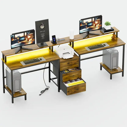 Dual-User LED Desk with Charging Station  Extended Work Surface Featuring USB/AC Outlets, Monitor Riser, and Storage Drawers
