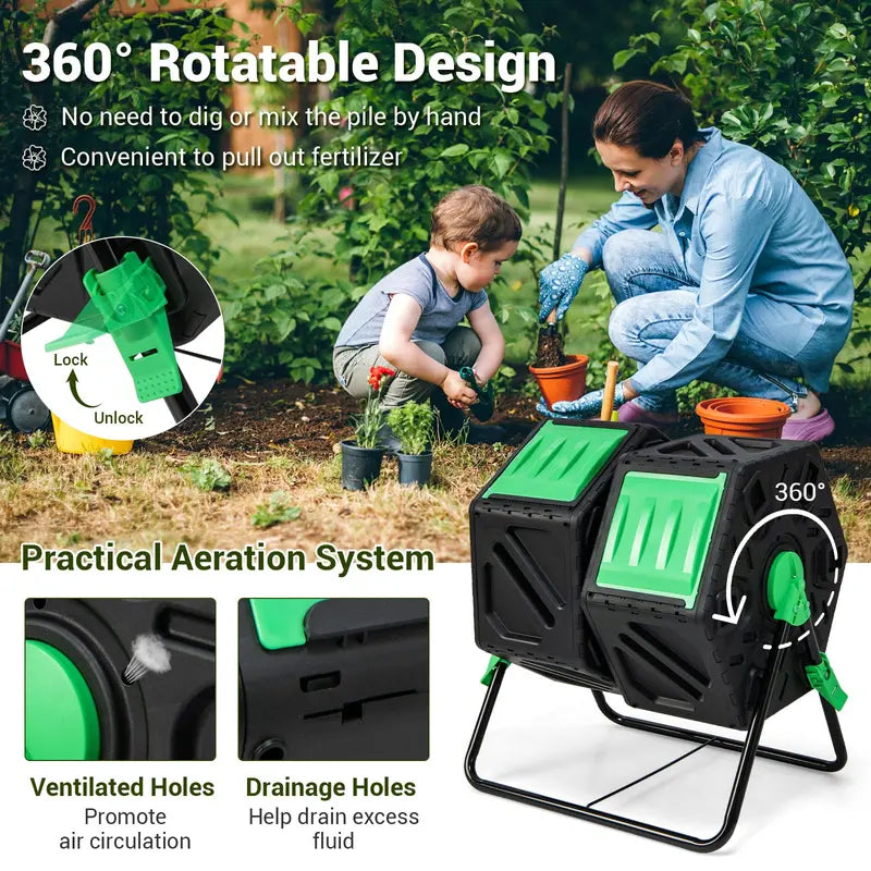 Dual-Chamber Compost Tumbler, 34.5-Gallon Rotating Bin with Independent Composting Compartments