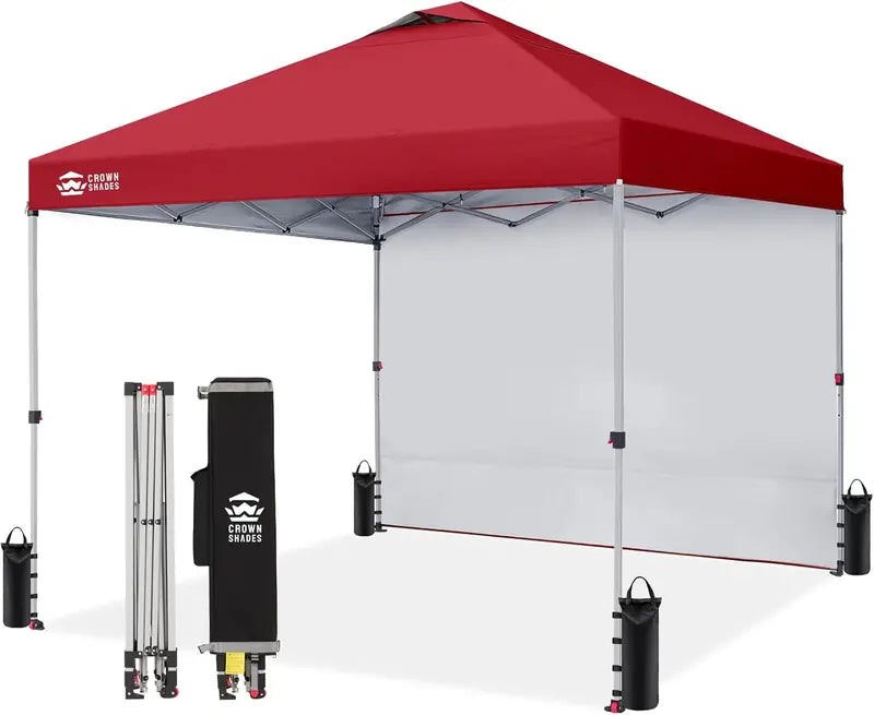 CROWN SHADES 10′ x 10′ Pop-Up Canopy with Single Sidewall: Portable Event Shelter for Parties, Campgrounds, and Outdoor Markets — Includes STO-N-Go Carry Bag