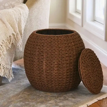 Household Essentials Handwoven Wicker Storage Basket  Barrel-Style Side Table (17″L x 17″W x 19″H)