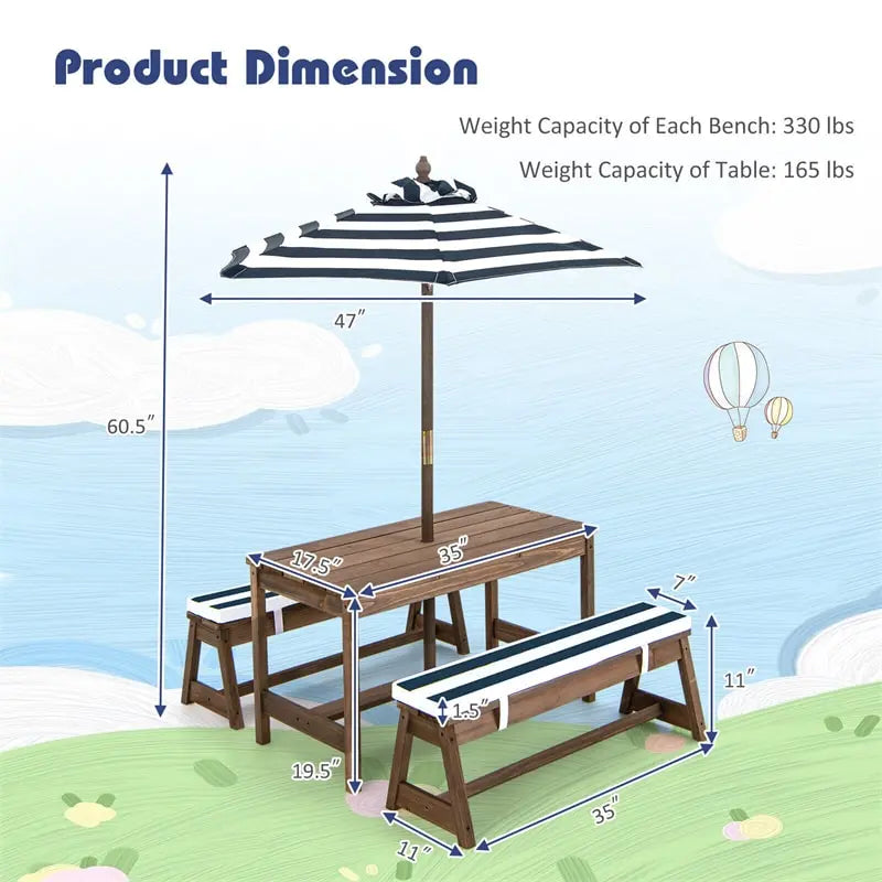 Adjustable Outdoor Kids’ Picnic Table Set with Cushioned Benches and Tilt-Height Umbrella