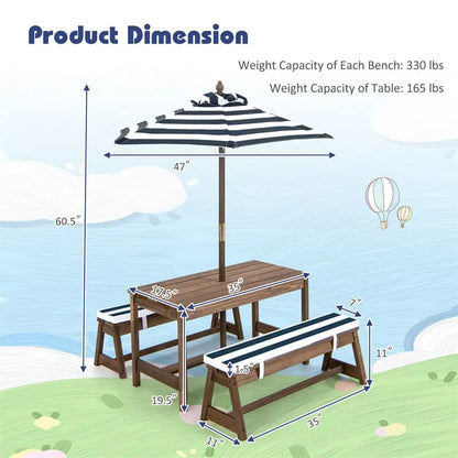 Adjustable Outdoor Kids’ Picnic Table Set with Cushioned Benches and Tilt-Height Umbrella