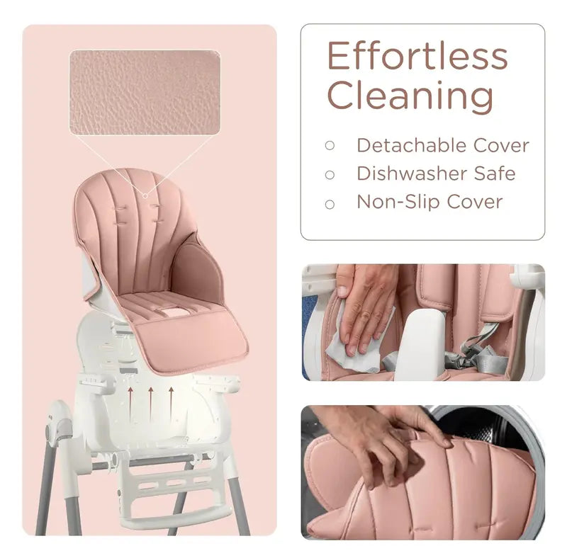 Foldable Baby High Chair, Grey Faux Leather, Adjustable Height & Recline, Removable Tray, Safety Harness, Locking Wheels