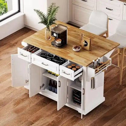 White Rolling Kitchen Island Cart  Drop-Leaf Wood Top, Embossed Finish, Doors & Drawers