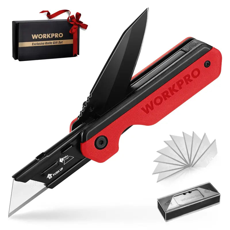 WORKPRO 2-in-1 Folding Utility Knife  Quick-Change Box Cutter with G10 Handle & 10 Blades