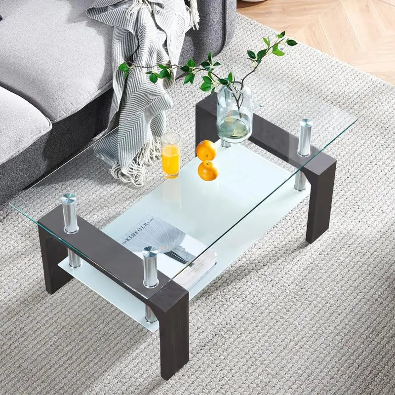 Contemporary Rectangle Coffee Table  Glass-Topped Living Room Side Table with Wooden Legs, Ideal for Waiting Areas