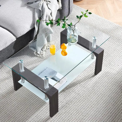 Contemporary Rectangle Coffee Table  Glass-Topped Living Room Side Table with Wooden Legs, Ideal for Waiting Areas