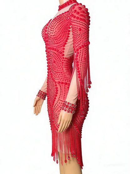 Red Beaded Mesh Bodycon Mini Dress with Long Sleeves and Fringed Accents