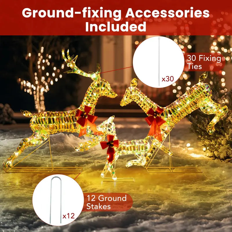 Three-Light LED Reindeer Set — Festive Outdoor Xmas Decor with Red Bows