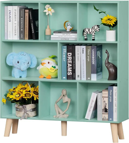 LEYAOYAO Natural Wood 7-Cube Bookshelf  Modern Open-Back Storage Unit with Solid Legs