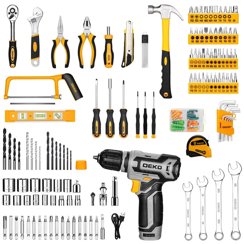 DEKOPRO 12V Cordless Drill & Tool Kit  Comprehensive Home Mechanic Toolbox Set