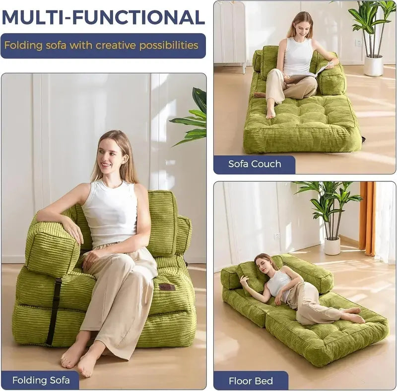 L-Shaped Folding Sofa Bed  Convertible Living Room Lounger with Armrests & Pillows