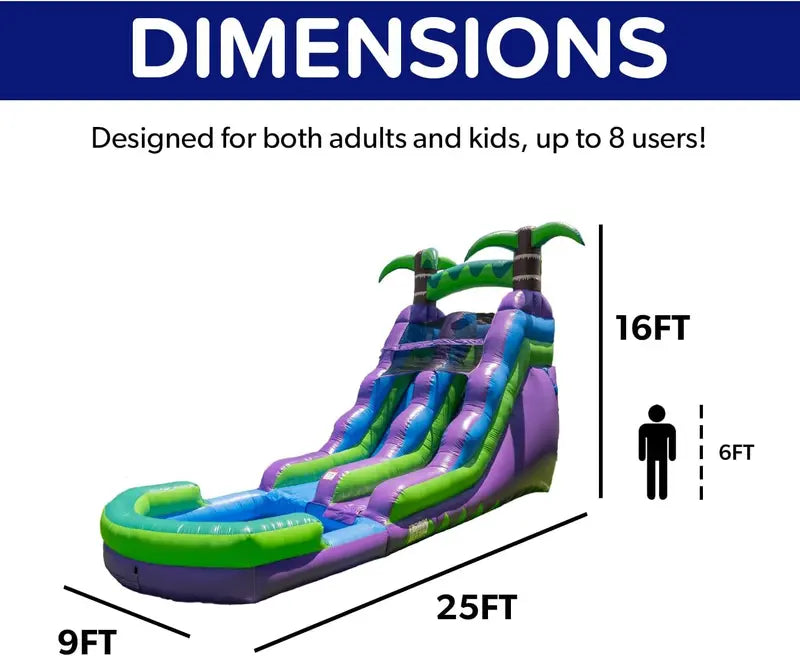HeroKiddo 16-Foot Tropical-Themed Inflatable Water Slide with Pool  Wet/Dry Use