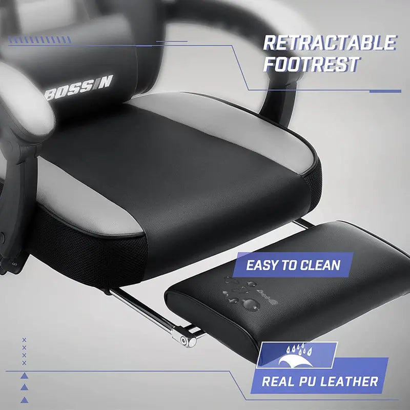 BOSSIN Premium Ergonomic Gaming Chair  PU Leather, Adjustable Footrest & Headrest, 90°155° Recline, 300 lb Capacity