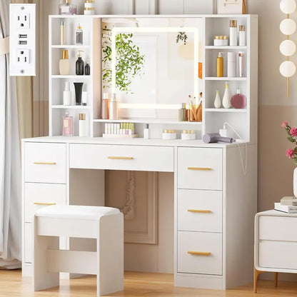 ANWBROAD 39.4-Inch Youth Vanity Desk  Soft LED Mirror Setup for Teens and Small Spaces